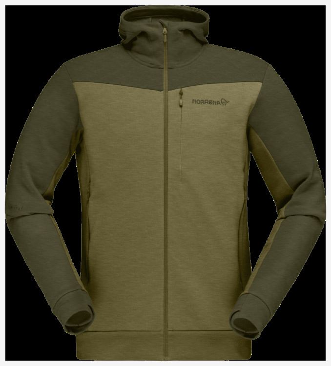 Norrona Heren Falketind Warmwool2 Stretch Capuchon Met Rits Olijfgroen Nacht/olijfgroen