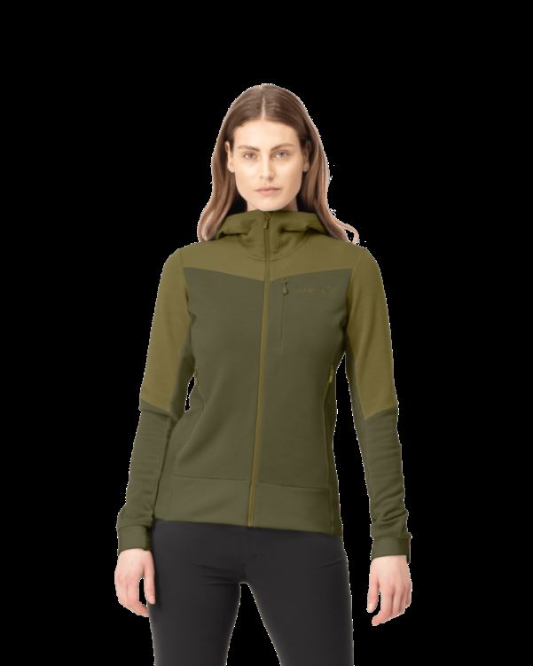 Norrona Dames Falketind Warmwool2 Stretch Hood Met Rits Olijfgroen/olijf Nacht